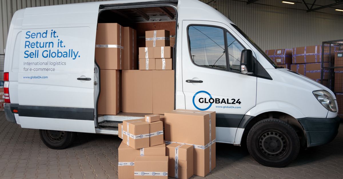 Delivery van loaded with cardboard boxes for global shipping logistics.